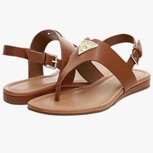 GUESS Jadalyn Womens Fashion Sandals Brown Leather Gold Logo Size 9.5